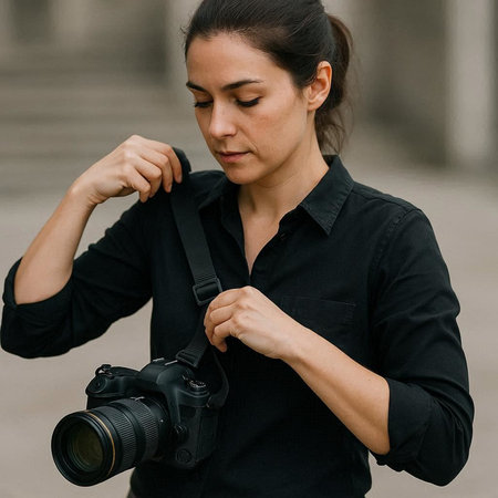 Beautiful young woman with a camera in her hands. Close-up.