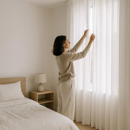 Back view of a young woman opening the curtains in the bedroom.の写真素材