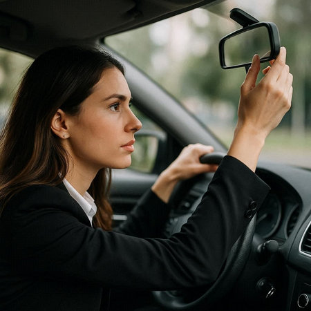 Side view of young businesswoman looking at rear view mirror while driving car