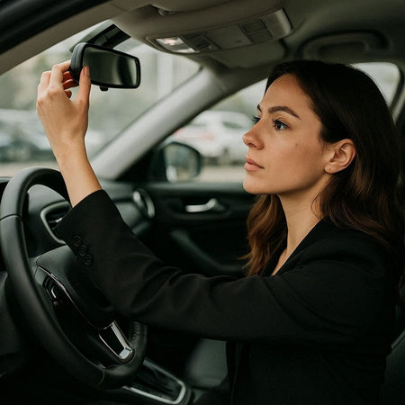 Beautiful young business woman driving a car and holding a remote controlの写真素材