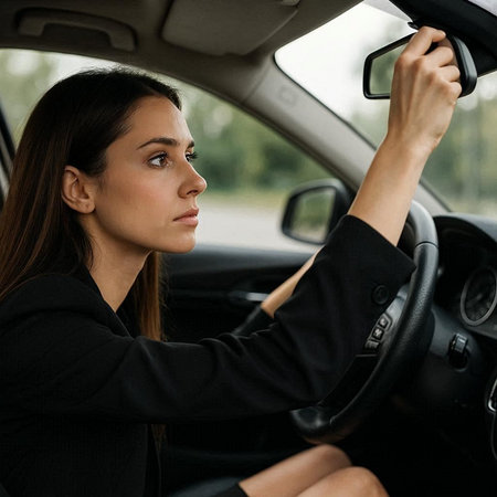 Portrait of a beautiful young brunette woman driving a car.