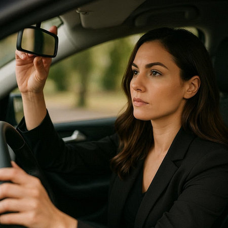 Beautiful businesswoman driving a car and holding a steering wheel.の写真素材