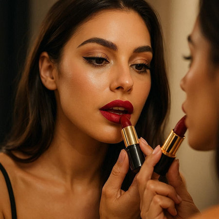 Makeup artist applying red lipstick to a beautiful brunette woman.