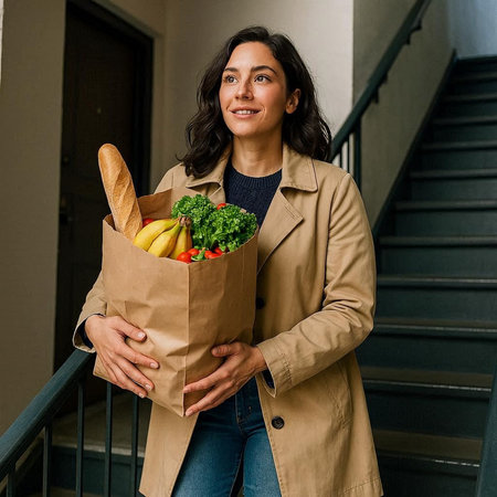happy young woman holding paper bag with fresh vegetables and bread on stairs