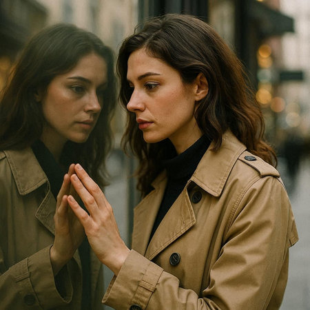 Two young women in trench coats standing on the street and looking at each other