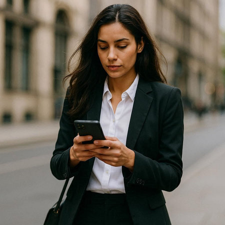 Young businesswoman in black suit using mobile phone on the street.