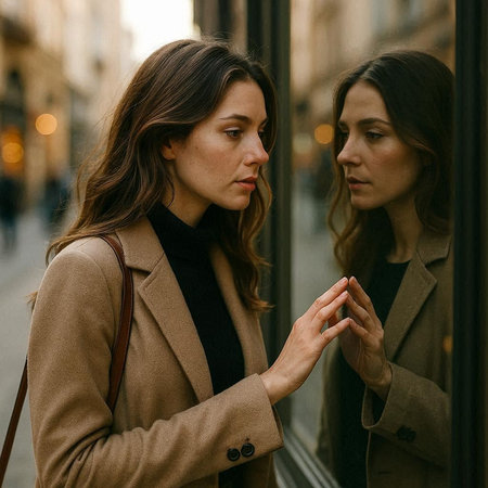 Two young beautiful women in beige coats walking in the city.
