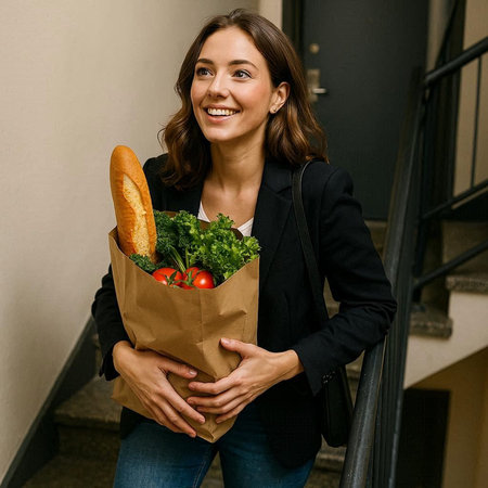 Young woman holding a paper bag full of fresh vegetables and fruits.
