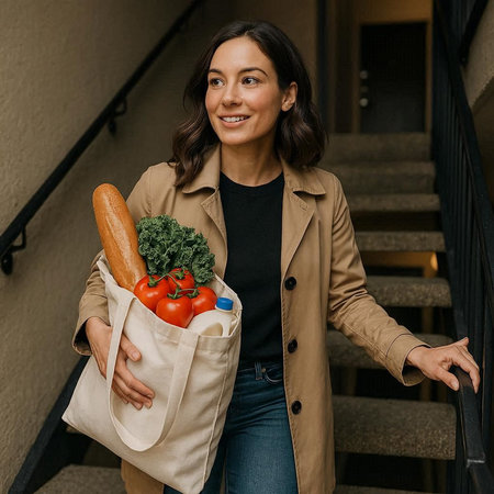 attractive young woman holding shopping bag with vegetables and smiling at camera