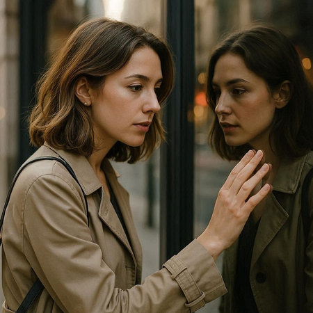 two beautiful young women in beige trench coats looking at each other in the city