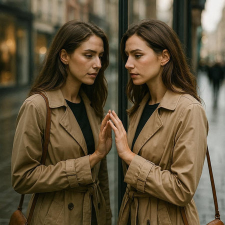 Portrait of two young women in trench coats looking at each other while standing on the streetの写真素材