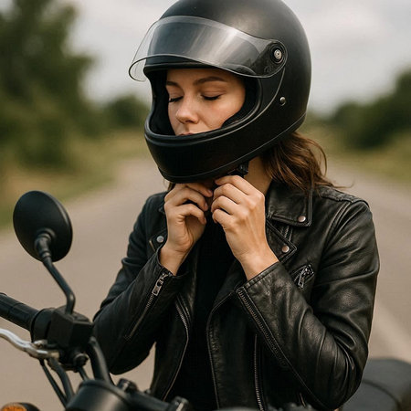 Biker girl in a leather jacket and helmet on a motorcycle.