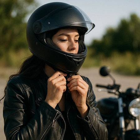 Biker girl in a leather jacket and helmet on a motorcycle.