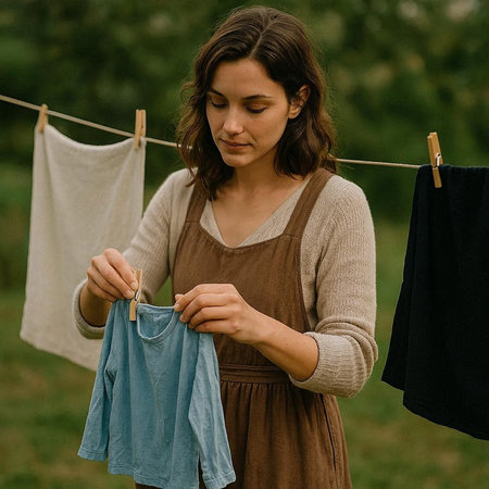 Young woman hanging clothes on a clothesline in the countryside. Selective focus.の写真素材