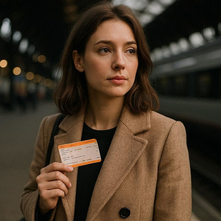 Portrait of a young woman in a beige coat with a credit card on the background of a train station