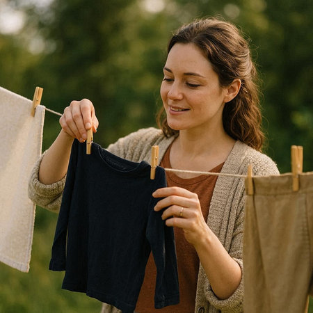Young woman hanging clothes on a clothesline in the garden. Close up.の写真素材