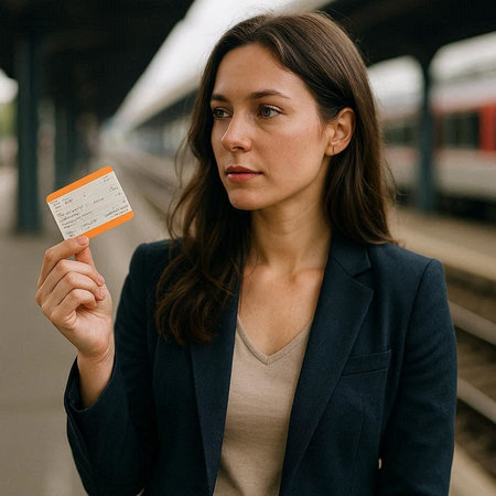 Young business woman waiting for train at the station, holding boarding pass ticket.