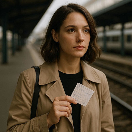 Young woman waiting for a train at the station, holding a ticket