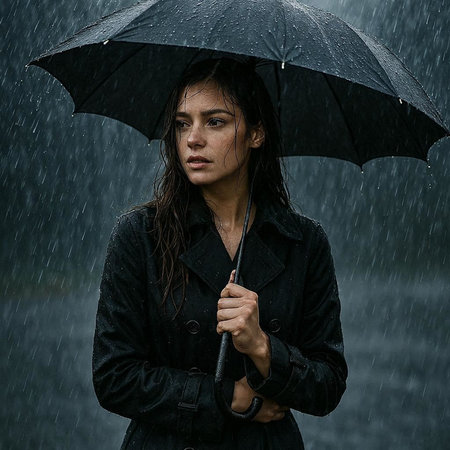 Portrait of young beautiful woman with umbrella under rain in the rain