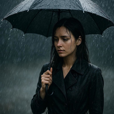 Portrait of a young woman with umbrella in the rain on a rainy day