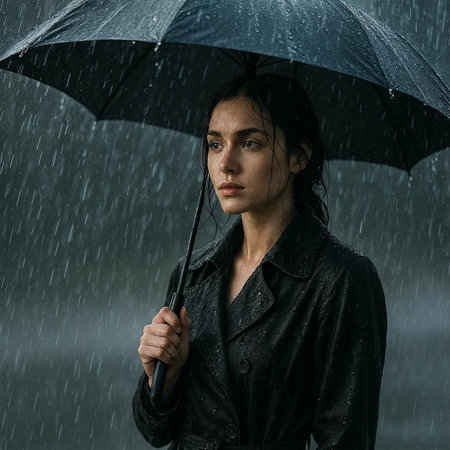 Portrait of beautiful young woman with umbrella under rain in rainy day