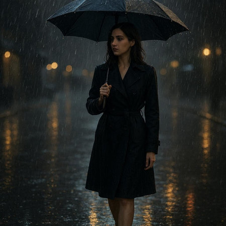 Portrait of a beautiful young woman with umbrella in the rain.