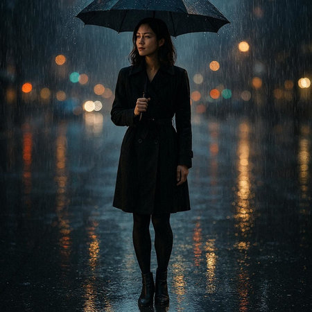 Beautiful asian woman with umbrella in the rain at night.