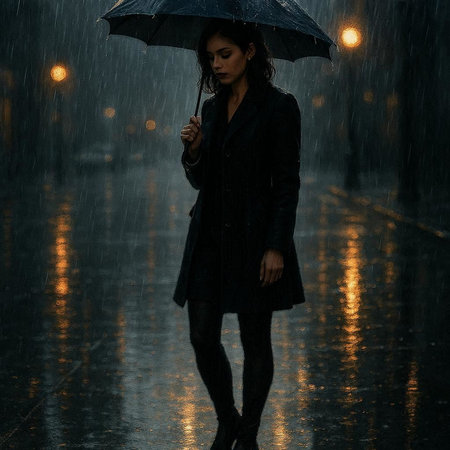 Beautiful young woman with umbrella walking under rain in rainy day.