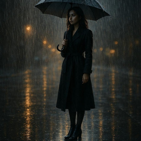 Portrait of a beautiful woman in black dress and umbrella under rain