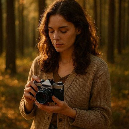 Portrait of a beautiful young woman with a camera in the autumn forest