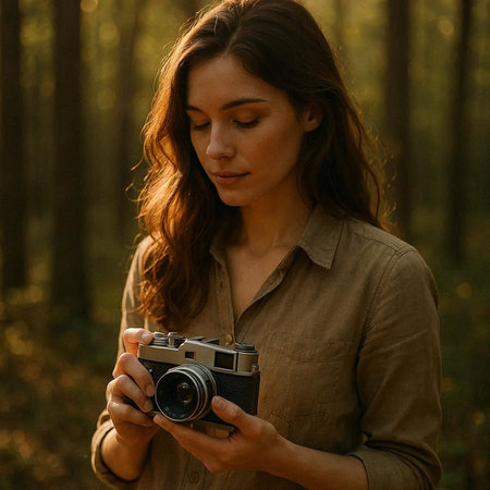 Young woman with vintage camera in the forest at sunset. Photo in low key.
