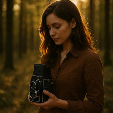 Portrait of a girl with a camera in the forest at sunset