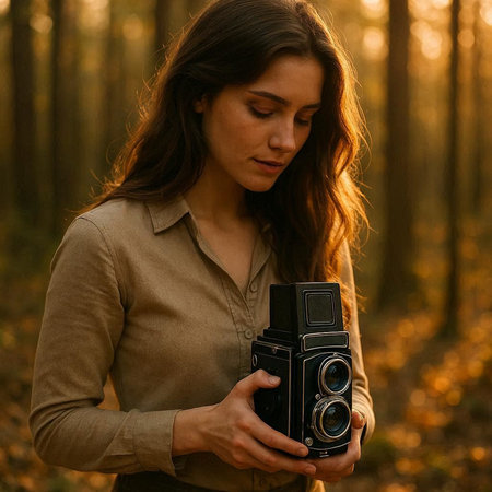 Beautiful young woman with vintage camera in autumn forest at sunset.の写真素材