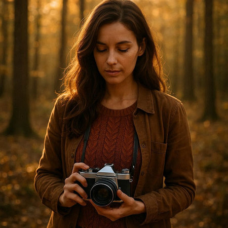 Young woman with vintage camera in autumn forest. Portrait of a beautiful young woman with retro camera.の写真素材