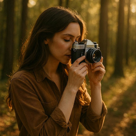 Young woman taking photo with vintage camera in the forest. Soft focus.