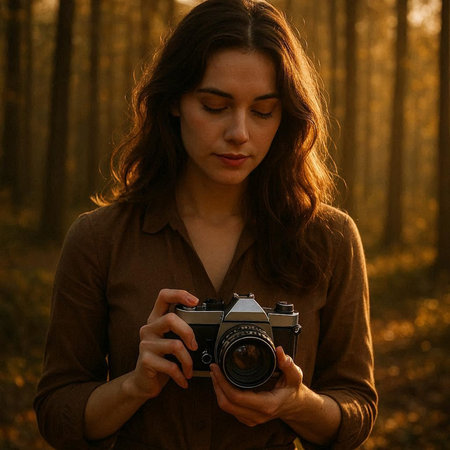 Portrait of a beautiful girl with a camera in the autumn forest