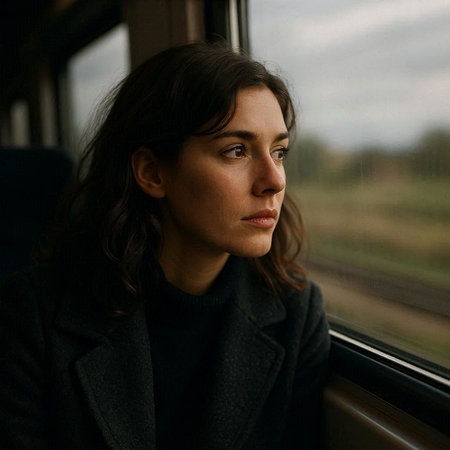 Portrait of a beautiful young brunette woman in a gray coat in a train.