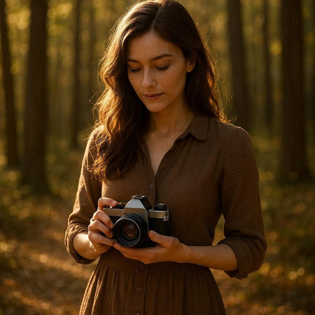 Portrait of young woman with vintage camera in the autumn forest.