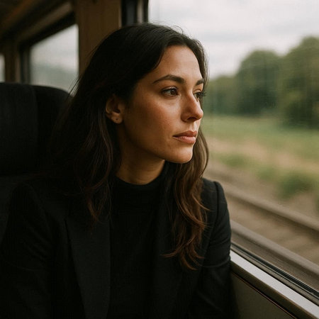 Portrait of a beautiful young woman in a train, looking away