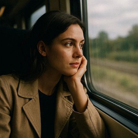 beautiful brunette girl in a beige coat looks out the window of a trainの写真素材