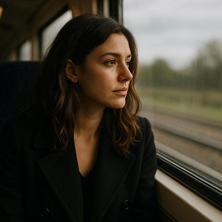 Beautiful brunette girl in a black coat in a train.の写真素材