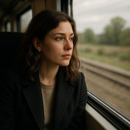Portrait of a beautiful young brunette woman in a train.