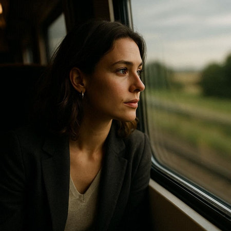 Portrait of a brunette woman in a train, looking out the window.の写真素材