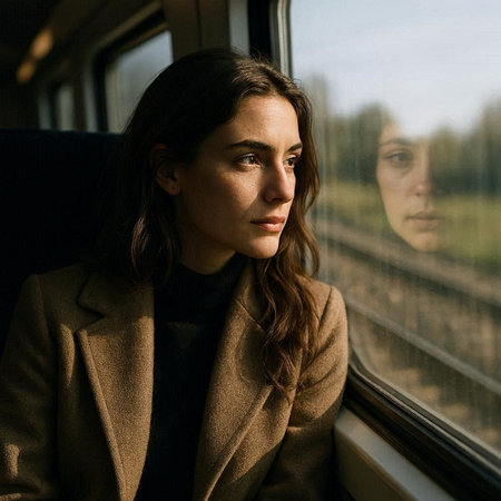 portrait of a young beautiful woman in a train. High quality photo