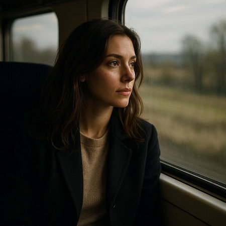 Portrait of a beautiful young woman in a train looking away.の写真素材