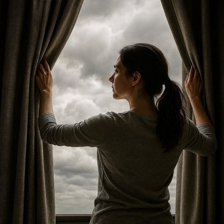 Young woman opening curtains and looking out the window on a cloudy day