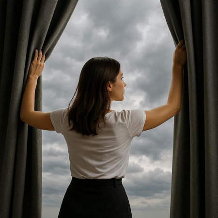 Young businesswoman opening curtain and looking out the window with cloudy skyの写真素材