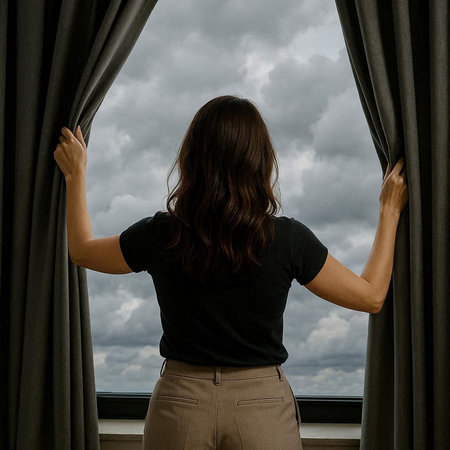 Young woman opening curtains in a room with a view of the skyの写真素材