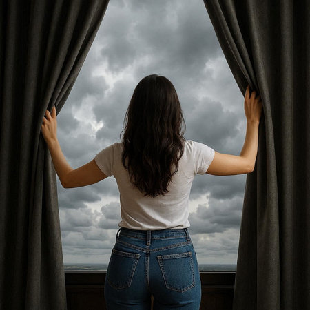 Young woman opening curtains and looking out the window on a cloudy day
