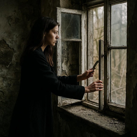 Young woman in a black coat is standing near the window and holding a knife